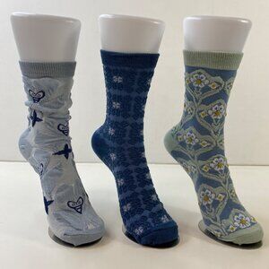 Womens 3-Pack Floral Crew Socks Hearts Flowers Stars Blue Gray Green